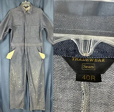 Sears Tradewear Coveralls Distressed Blue Denim Mechanic Workwear 40R USA Vtg • $41.55