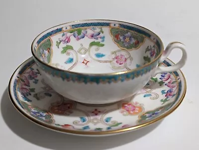 Antique Mintons Porcelain Tea Cup &  Saucer - Blue Band • Florals • Scrolls 1915 • $28.50