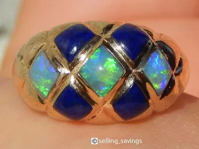 14k Yellow Gold Kabana 2.00 Tcw Fire Opal Lapis Cabochon 1/2 Inch Wide Dome Ring • $1295