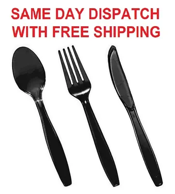 Plastic Cutlery Set Black Reusable Spoons Knives & Forks For Catering Parties • £12.89