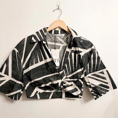 $22 • Buy NWT ZARA Crop Black White Print Collar Top Vacation Sz Medium