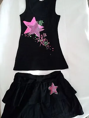 Pink Star Black Cotton Tank Top With Pink Star Black Skirt With Pink Star Medium • $15.99