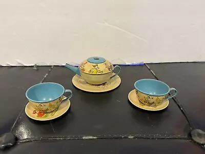 Ohio Art Tin Litho Disney Mickey Mouse Tea Set Teapot 3 Saucers & 2 Cups • $99.99