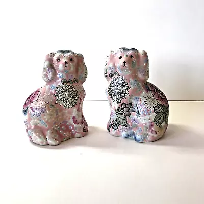 Vintage Pair Staffordshire Style Mantle / Wally Dogs Pink Floral Painted • £19.99