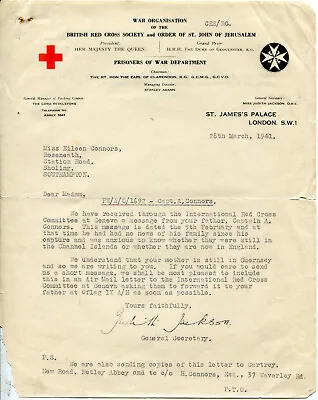 £4.99 • Buy 1941 Letter To ED Connors, Guernsey Evacuee, Re Red Cross Messages POW Father