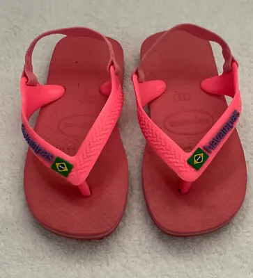 HAVAIANAS Baby Brasil Logo II Flip Flops -Bright Pink -UK Size 6- GOOD CONDITION • £8