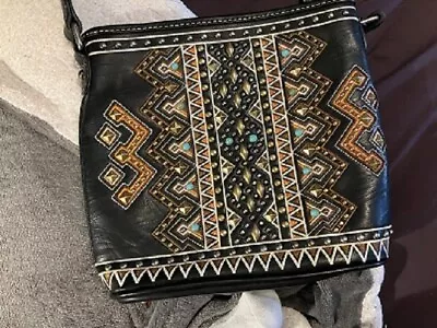 Montana West Black Leather Crossbody  Purse W/ Embroidery & Silver &  Turquoise • $40