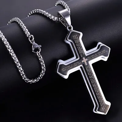 Mens Layered Cross Necklace Stainless Steel Lord's Prayer Large Pendant Chain • $10.99