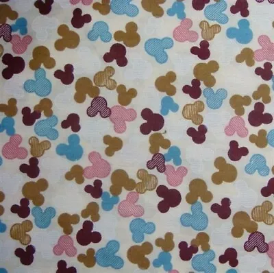 BTY Mickey Mouse Faces - Brown Blue Pink 63  Wide Cotton Fabric By The Yard • $11.50