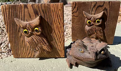 Vintage Owl Bookends & Toad Frog Figure Wood Cryptomeria Lot AS IS Free Ship • $24.99