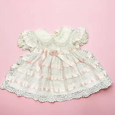 Vintage BABY TOGS Party Dress Girl 12 Mo. White Pink Ribbon Frilly Lace Ruffle • $24.99