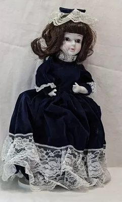 Vintage Musical Porcelain Doll In Original Box In Victorian Navy Blue Outfit 12  • $10