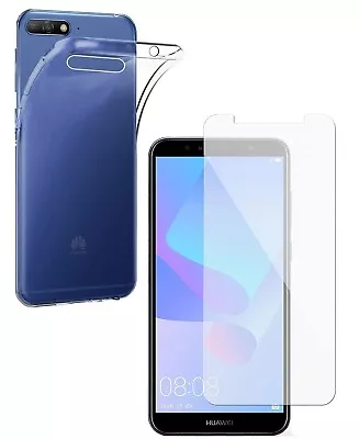 For HUAWEI Y6 2018 TEMPERED GLASS SCREEN PROTECTOR + CLEAR SILICONE TPU CASE • £5.45