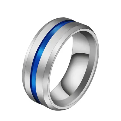 Mens 8mm Stainless Steel Ring Wedding Band Dress Ring Silver And Blue   • £4.99