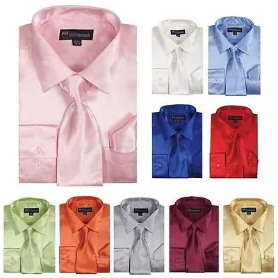 Men's Shiny Satin Polyester Formal Dress Shirt W/ Tie And Hanky Set #08 Solid • $18.55