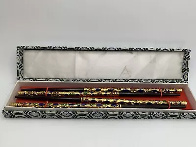 Vintage Cloisonné Chopsticks W Case Box 2 Pairs Enamel Wood Multicolored Asian • $15.75