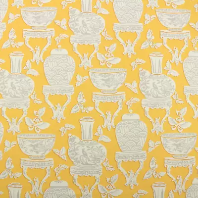 P Kaufmann Ginger Jar Daffodil Yellow Butterfly Bird Vases Fabric By Yard 54 W • $9.99