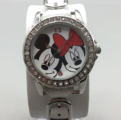 Disney Watch Women Mickey Minnie Mouse Pave White Leather Cuff Band New Battery • $25.49