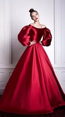 Customized Women Gown Wedding Costume Red Satin Baloon Sleeves For Women Attire • $609.63