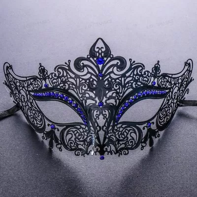 Black Blue Rhinestones Luxury Laser Cut Filigree Women Party Eye Mask Masquerade • $13.99
