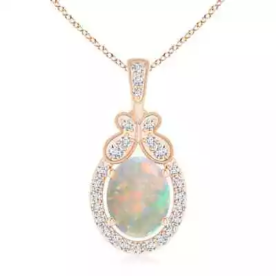 ANGARA Floating Opal And Diamond Halo Pendant With Butterfly Motif In 14K Gold • $1239.92