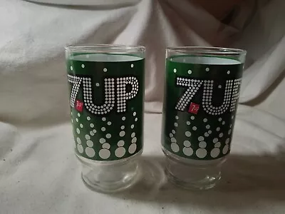 2 Vintage Green 7-Up Soda Drinking Glasses (R398) • $19.99
