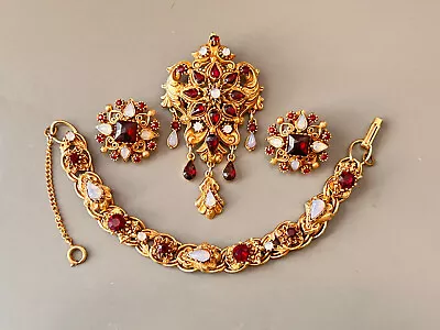 Vintage Art Nouveau FLORENZA Demi Parure Jewelry Set Red Crystal Opaline! • $150