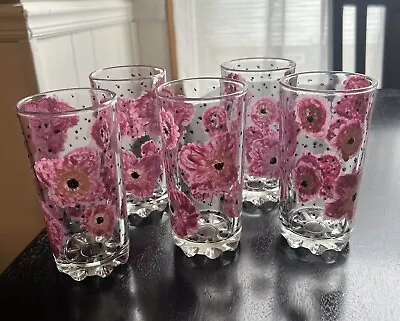 Vintage  Bubble Bottom  Retro Pink Flower Glasses - Set Of 5 • $15