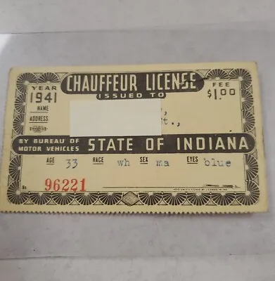 1941 Vintage Indiana Chauffeur License Blocked Name On Photo • $12.99