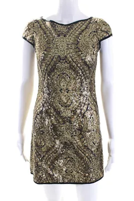 Nanette Lepore Womens Sequined Short Sleeves Dress Gold Black Size 2 • $42.69