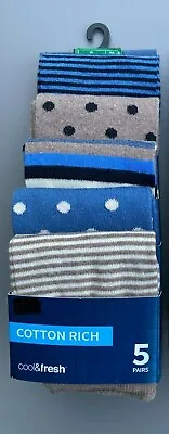 M & S MARKS AND SPENCER Men's Cotton Rich Socks 5 PAIRS Spots Stripes Blue/Beige • £8.99