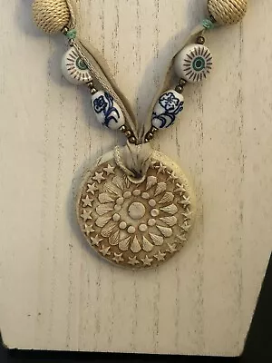 Boho Medallion Necklace Clay Pendant Poreclain Beads Blue Ivory Colors Artistian • $15