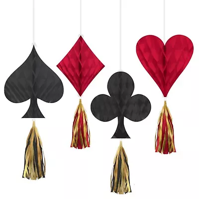 4 CASINO Vegas Dice SUIT Honeycombs W/ Tassels 12  Gambling Night Decorations • $11.95