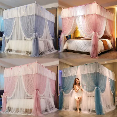 Priceness 4 Corner Ruffle 2-layer Net Bed Netting Canopy Mosquito Curtain + LED • $64.99