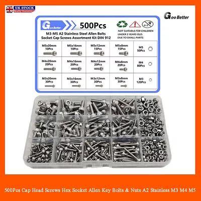 500x Cap Head Screws Hex Socket Allen Key Bolts & Nuts A2 Stainless M3 M4 M5 Set • £13.36