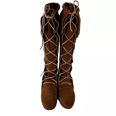 VINTAGE Minnetonka Women's Brown Leather Tall Fringe Moccasins Lace Up Boots • $34.96