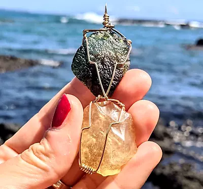 LARGE MOLDAVITE & LIBYAN Desert Glass Tektite Pendant Gold Synergy 12 Meteorite • $439.20