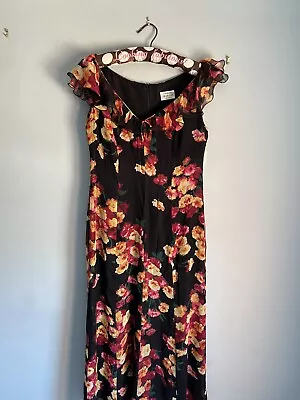 £60 • Buy Caroline Charles Black/Red Floral Silk Frill Neck Summer Wedding Dress Size 12