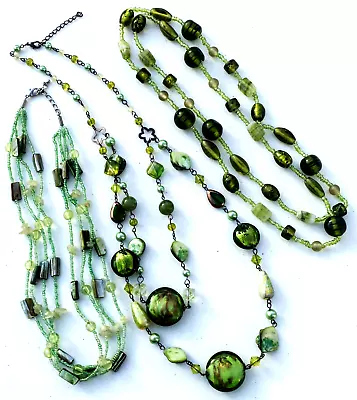 Fashion Lot Of 3 Green Glass & Shell Bead Necklaces • $9.99