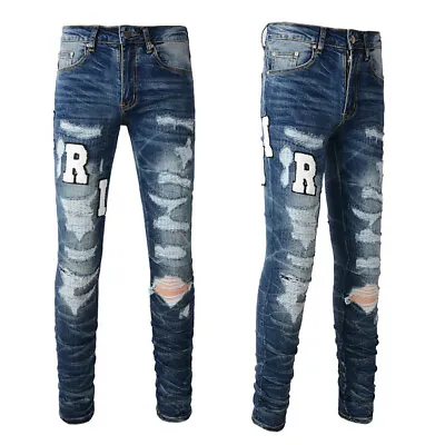 New Pop Text Embroidery Men's Pants Skinny Knee Hole Stretch Blue Jeans AM1314C • $58.01