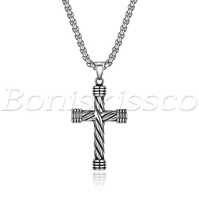 Men's Silver Tone Necklace Vintage Religious Cross Stainless Steel Pendant Chain • $8.99