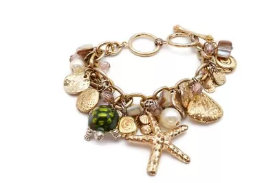 Vintage Charm Bracelet Gold Tone Faux Pearl Rhinestone Starfish Turtle 7.5  • $22.49