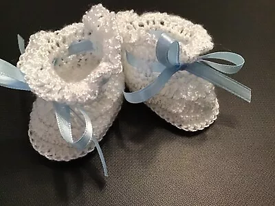 Crochet Baby Shoes Baby Booties Doll Shoes Doll Booties White Shell Blue Ribbon • $6