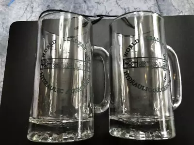 Vintage Stauff Hydraulics Glass Beer Mugs 16 Fluid Oz. Handle Very Rare Set Of 2 • $12