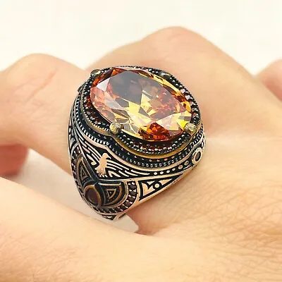 Champagne Citrine Stone Men's Silver Ring925K Sterling Silver Eagle Ring • $54.90