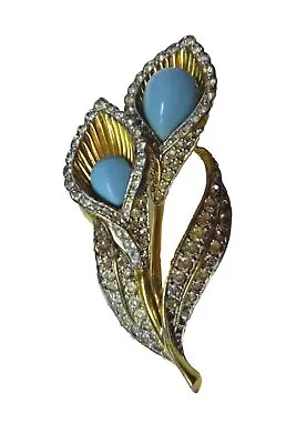 Vintage Jomaz Joseph Mazer Gold Turquoise Cabochon Rhinestones Flower Pin Brooch • $249.99