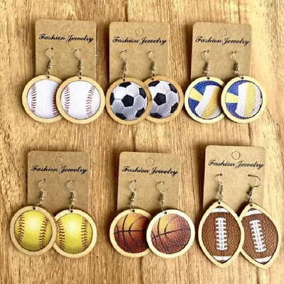 Round Wood & Leather Softball Earrings Volleyball Rugby Sport Ear Drop For Women • $2.39
