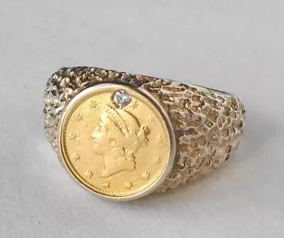 14k Gold Mens 1849 One Dollar $1 Liberty Coin Diamond Ring Nugget 12.1 Gr Sz 11 • $995