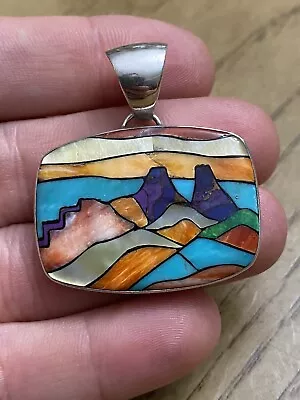 Native American Sterling Silver 925 Signed Gemstone Inlay Landscape Pendant • $350