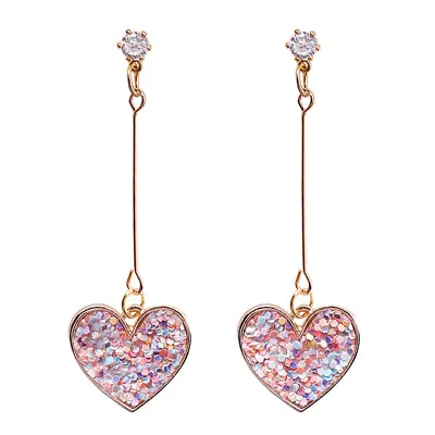 Women Crystal Pink Heart Long Drop Dangle Earrings Ear Studs Jewelry Gift UK#b$ • $1.15